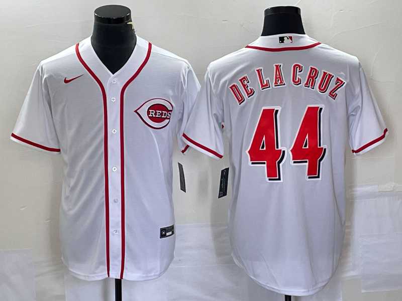 Men%27s Cincinnati Reds #44 Elly De La Cruz Number White Cool Base Stitched Baseball Jersey 1